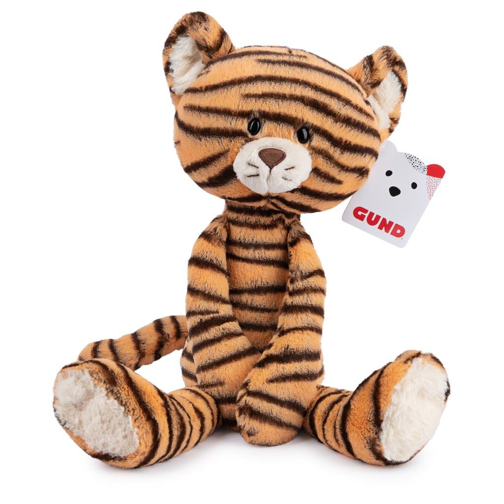 Plush tiger toy with GUND tag on a white background
