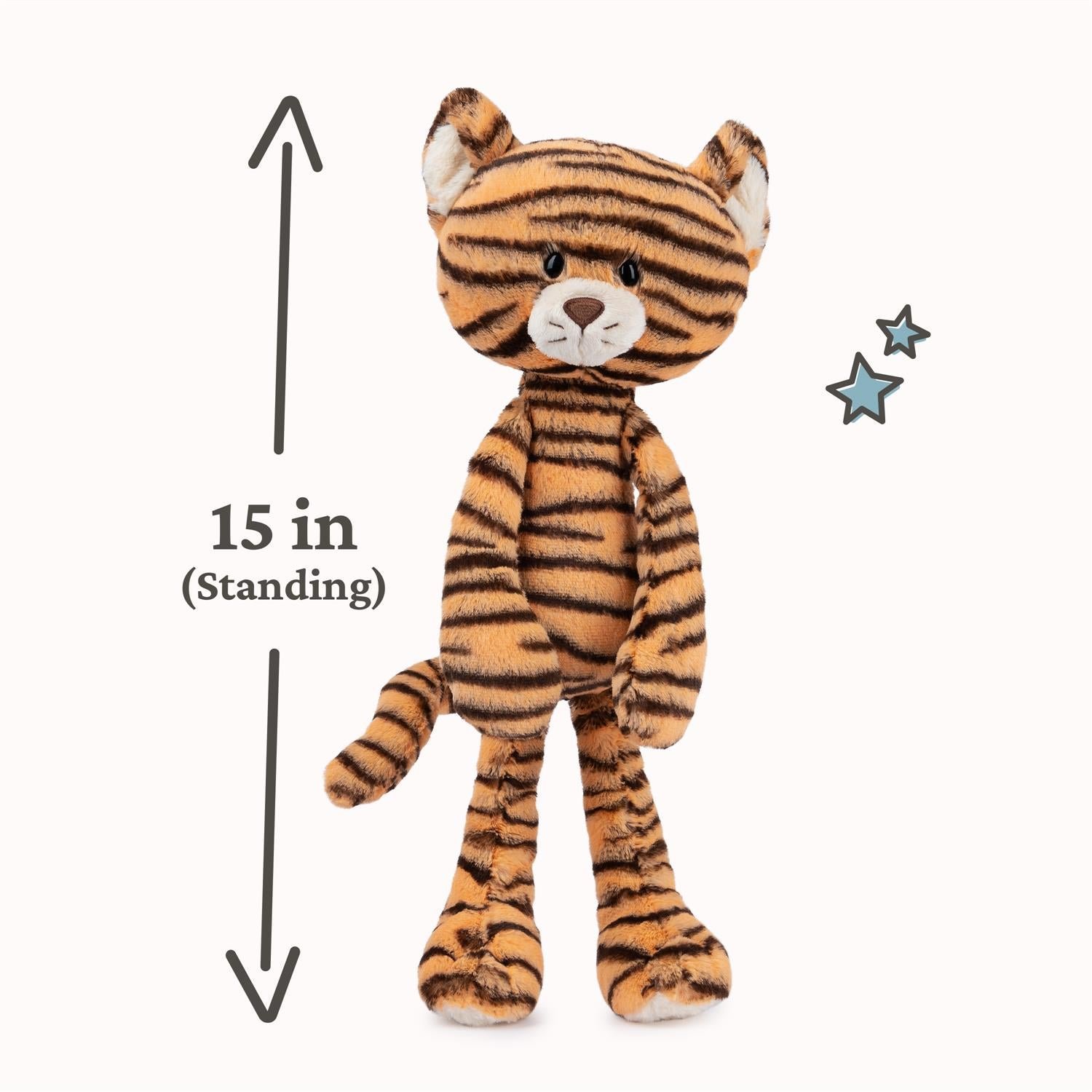 Plush tiger toy with height measurement on a white background