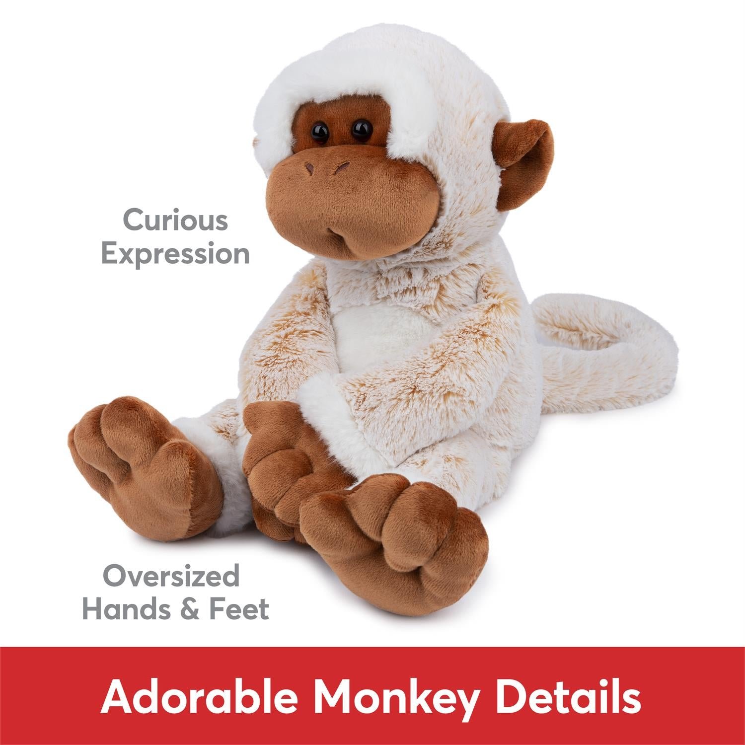 Stuffed monkey toy with text highlighting features on a white background
