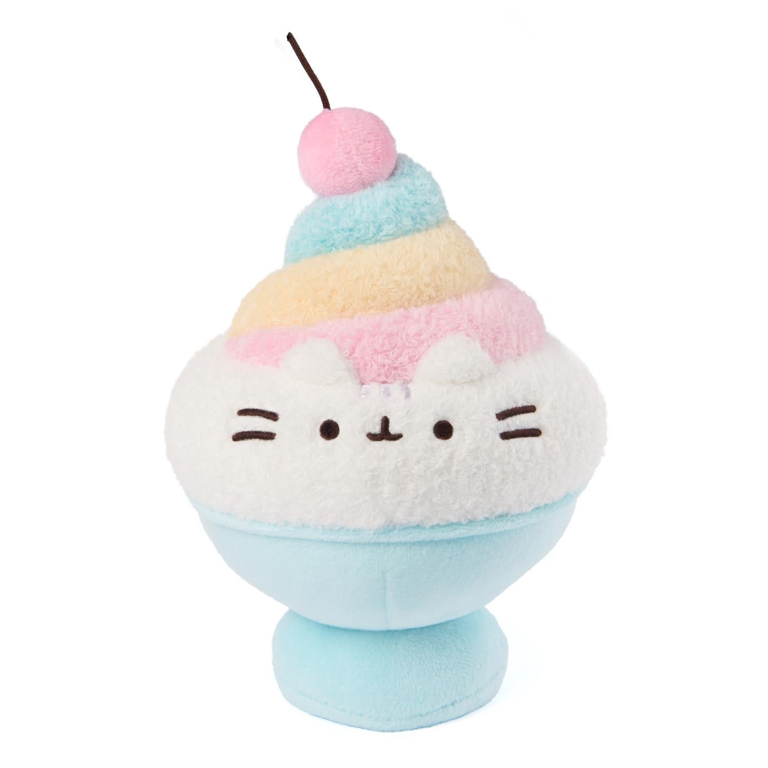 Plush toy resembling a ice cream sundae with a cat face on a white background