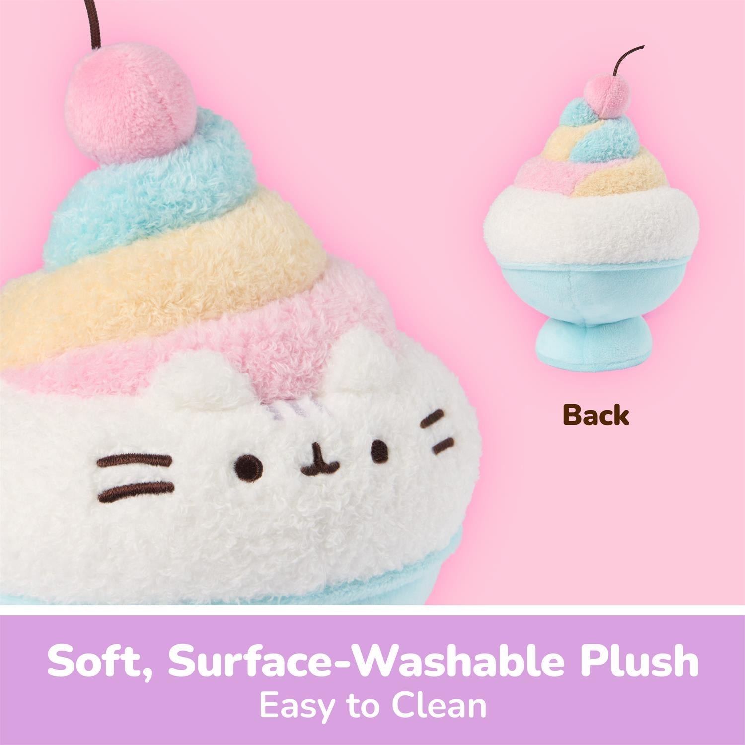 A pastel plush cupcake character shown on a pink background, with a smaller inset labeled 'Back' showing the reverse side. Text at the bottom reads 'Soft, Surface-Washable Plush Easy to Clean.