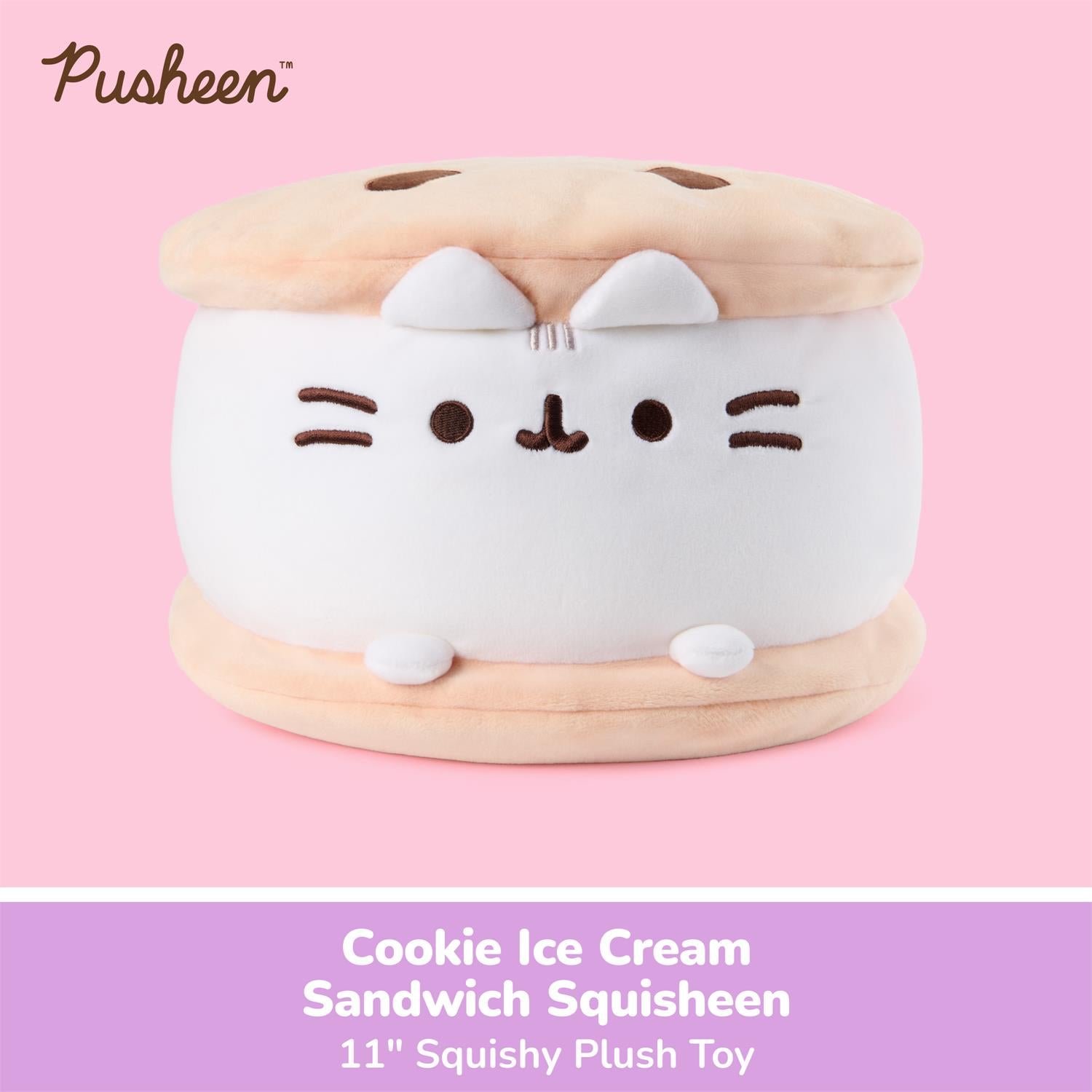 A Pusheen Cookie Ice Cream Sandwich Squisheen plush toy centered on a pink background, with a purple text banner at the bottom reading 'Cookie Ice Cream Sandwich Squisheen 11" Squishy Plush Toy.' The toy is white with beige cookie layers and small dark brown facial details.