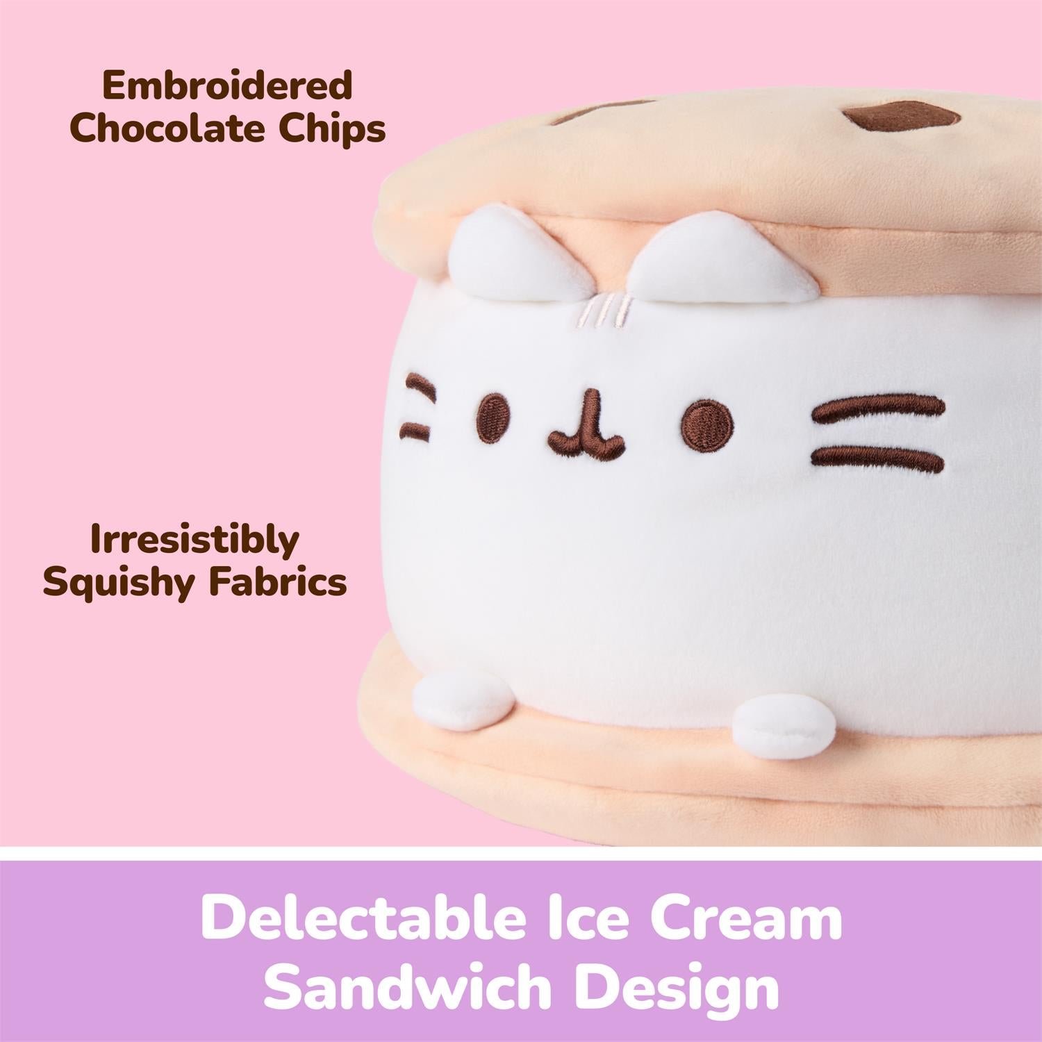 A plush ice cream sandwich toy with a white body, tan top and bottom layers, embroidered facial features, and text overlays reading 'Embroidered Chocolate Chips,' 'Irresistibly Squishy Fabrics,' and 'Delectable Ice Cream Sandwich Design' on a pink and purple background.