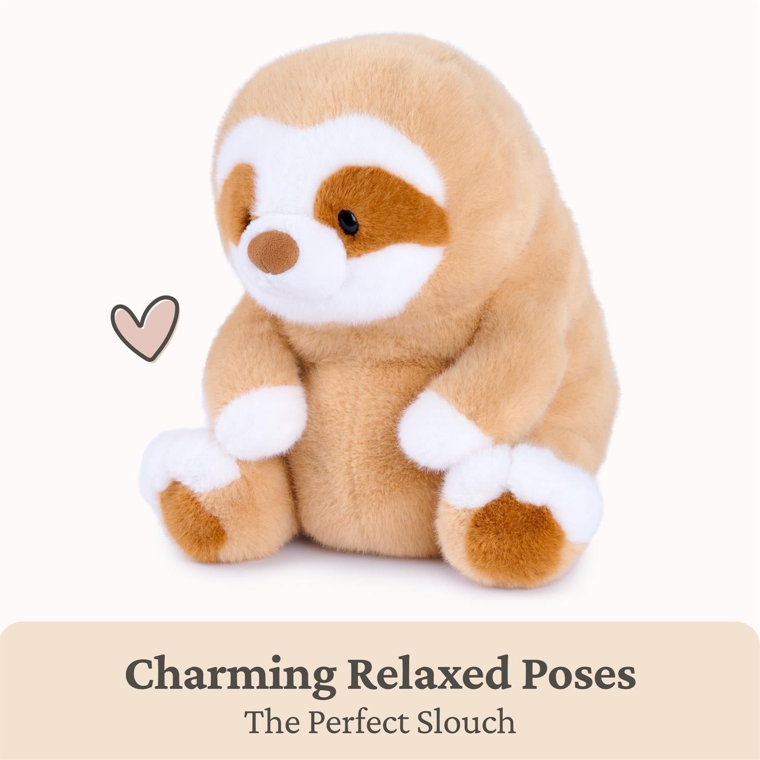 A plush sloth toy sitting upright on a light cream background, with a small heart icon to the left and the text 'Charming Relaxed Poses The Perfect Slouch' along the bottom.