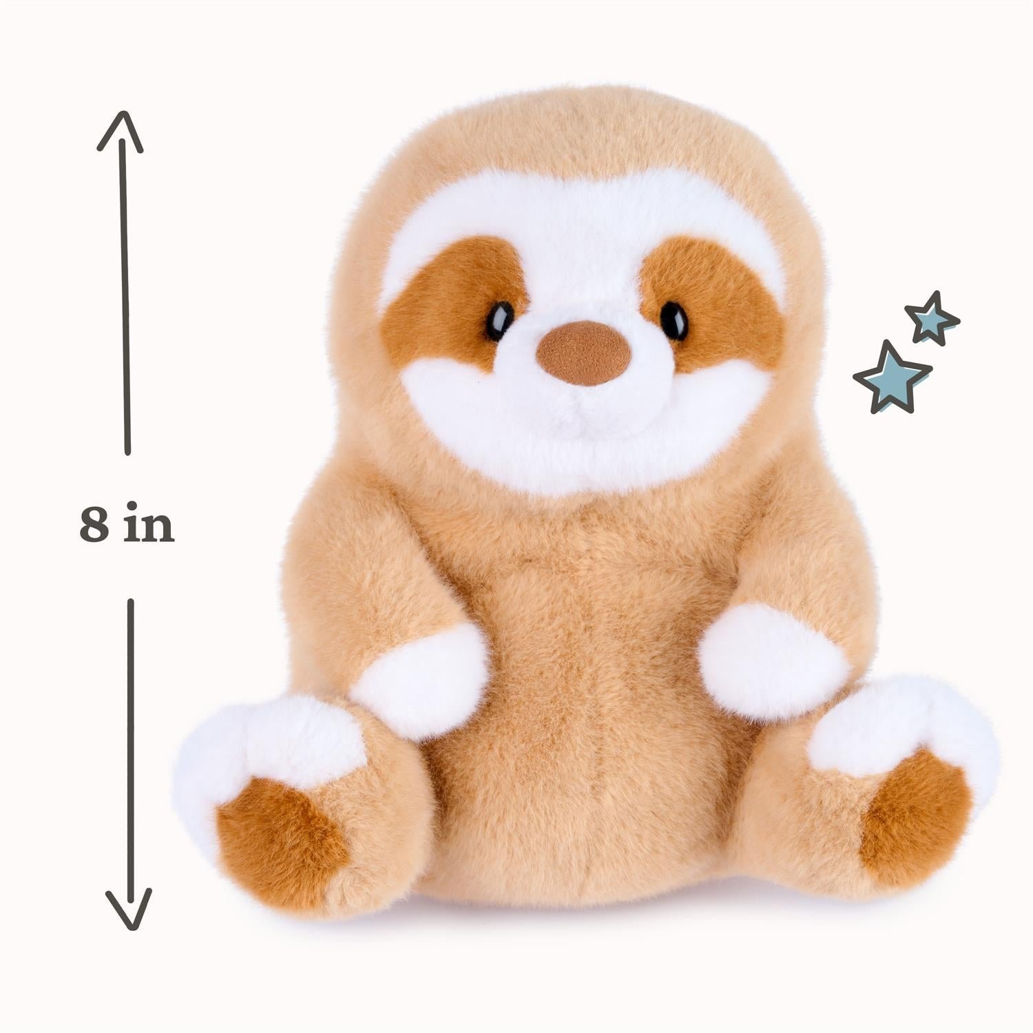 A plush sloth toy centered on a light background, with a vertical height arrow labeled 8 in to indicate size. The toy is tan and white with small gray star graphics beside it.