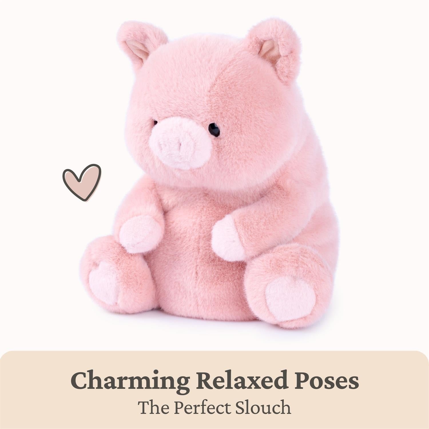 A pink plush pig toy sitting upright against a light cream background, with a small heart icon and the text 'Charming Relaxed Poses The Perfect Slouch' along the bottom.
