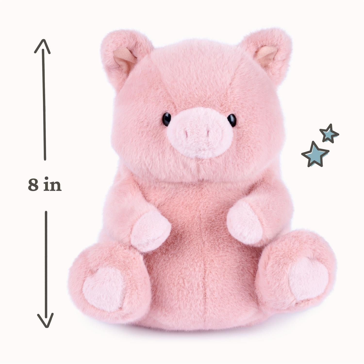 A pink plush pig toy shown on a light background with a height measurement arrow labeled 8 in on the left and small star graphics on the right.