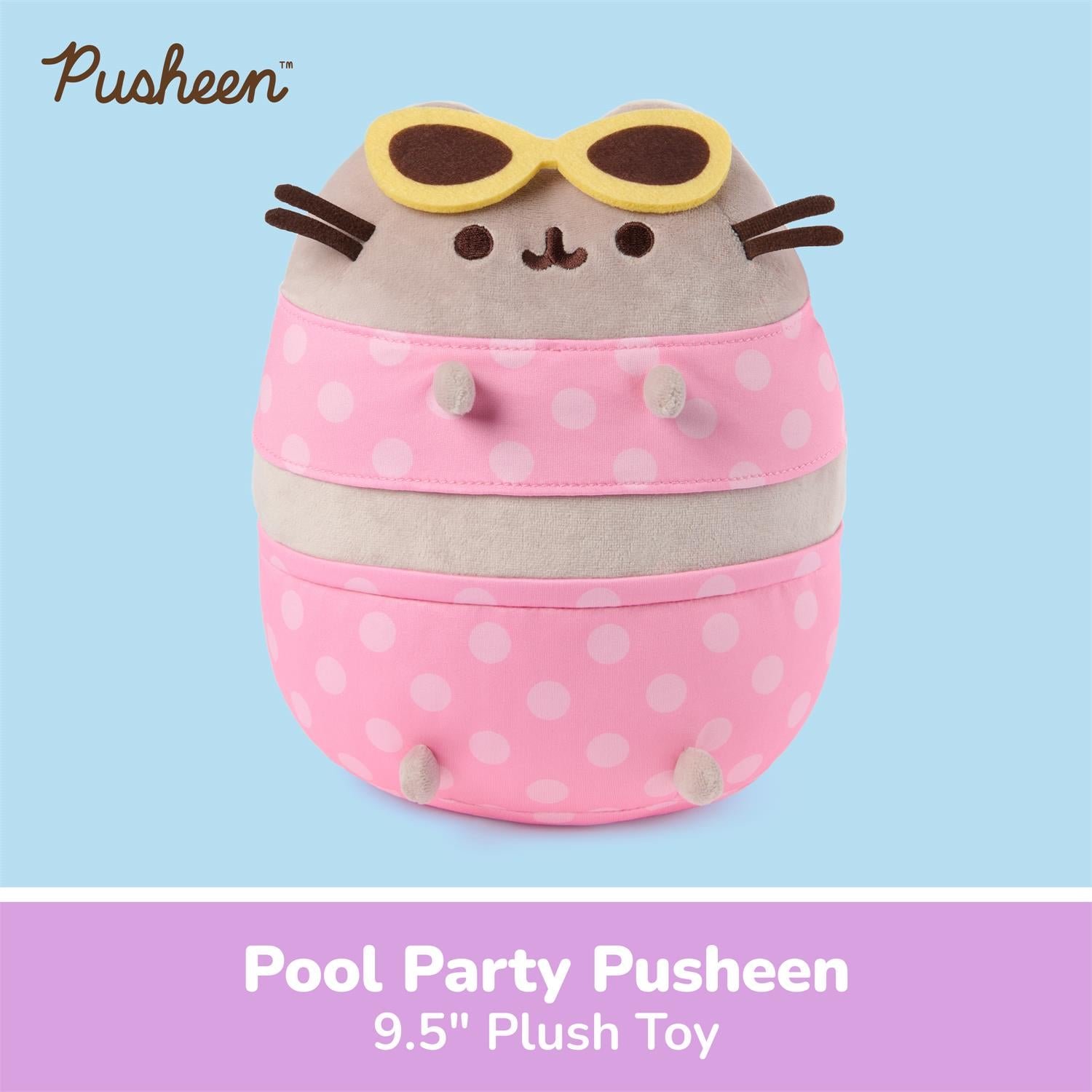 A Pusheen plush pool toy shown on a light blue background with a purple text banner at the bottom reading 'Pool Party Pusheen 9.5" Plush Toy.
