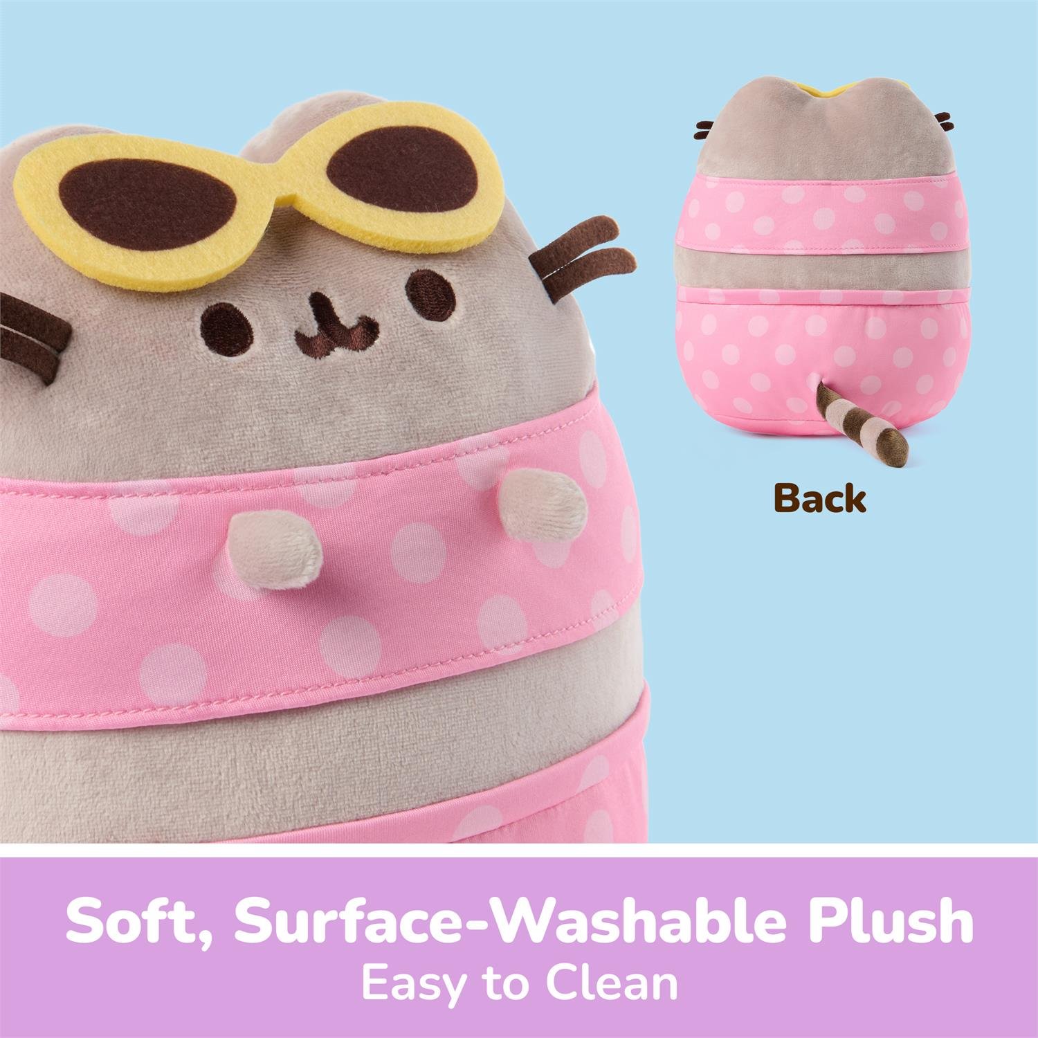 A plush character toy shown on a light blue background with a pink text banner at the bottom. The main view shows the front of the plush wearing yellow sunglasses and a pink polka-dot bandana; a smaller inset at right shows the back view.